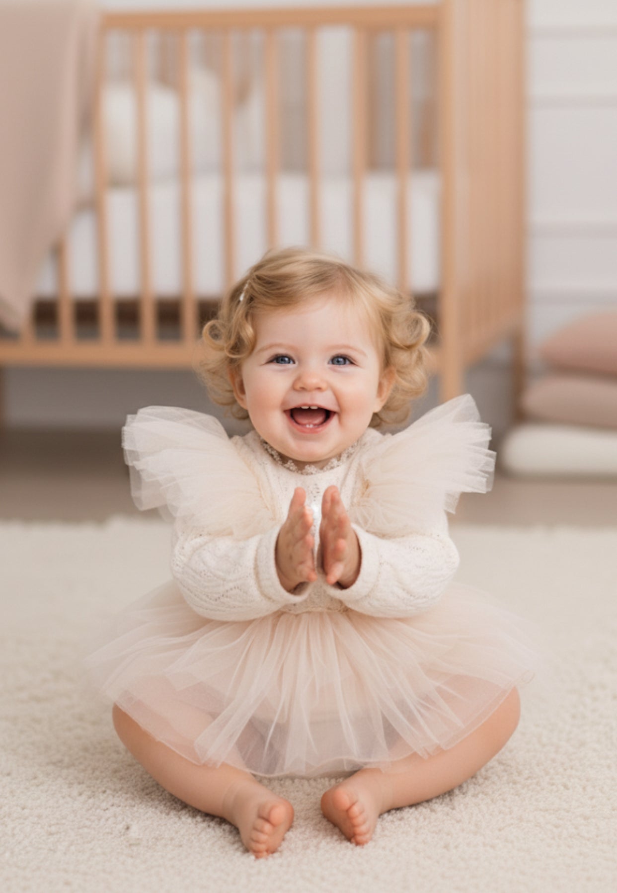 Krem Rengi Triko Tül Detaylı Fiyonk Aksesuarlı Kız Bebek Elbise | Özel Gün ve Doğum Günü Kıyafeti