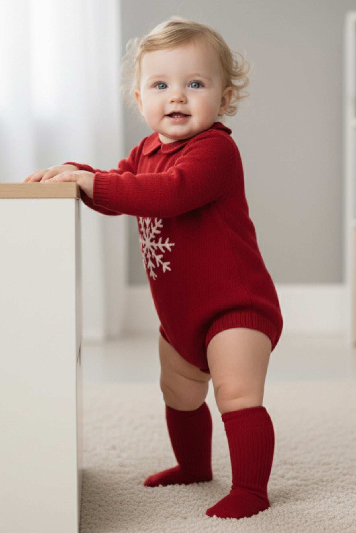 Kırmızı Kar Taneli Triko Romper | Yılbaşı Bebek Kıyafeti | 0-12 Ay | Sıcak & Yumuşak Örgü Tulum Kişiselleştirmeye Uygun