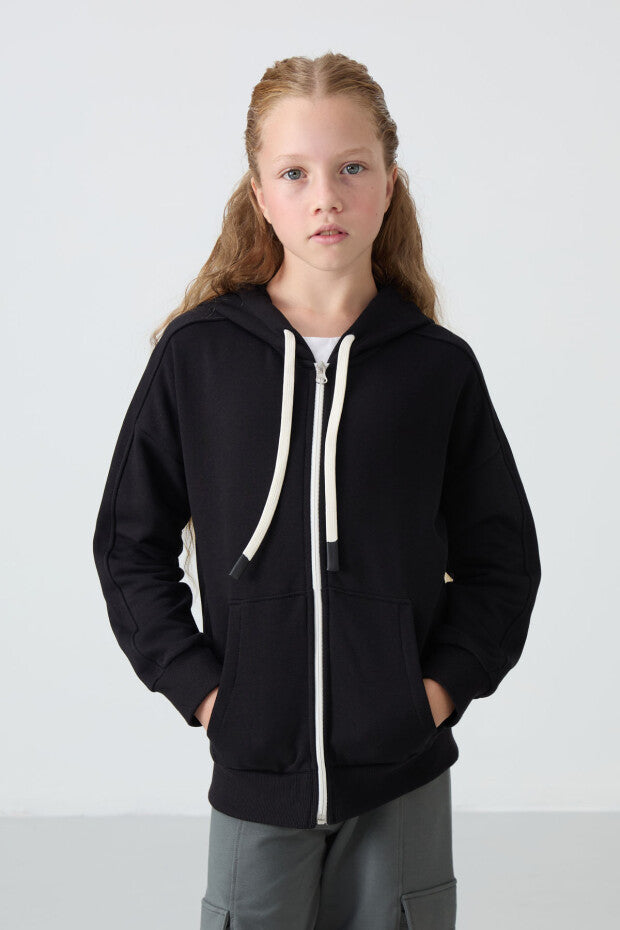 Tam boy Fermuarlı Kız Çocuk Sweatshirt Siyah
