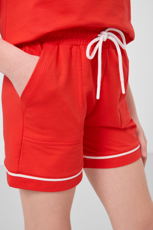 Kız Çocuk Nar Çiçeği Renkli Şortlu Takım – Yazlık Pamuklu İkili Kombin (7-15 Yaş)