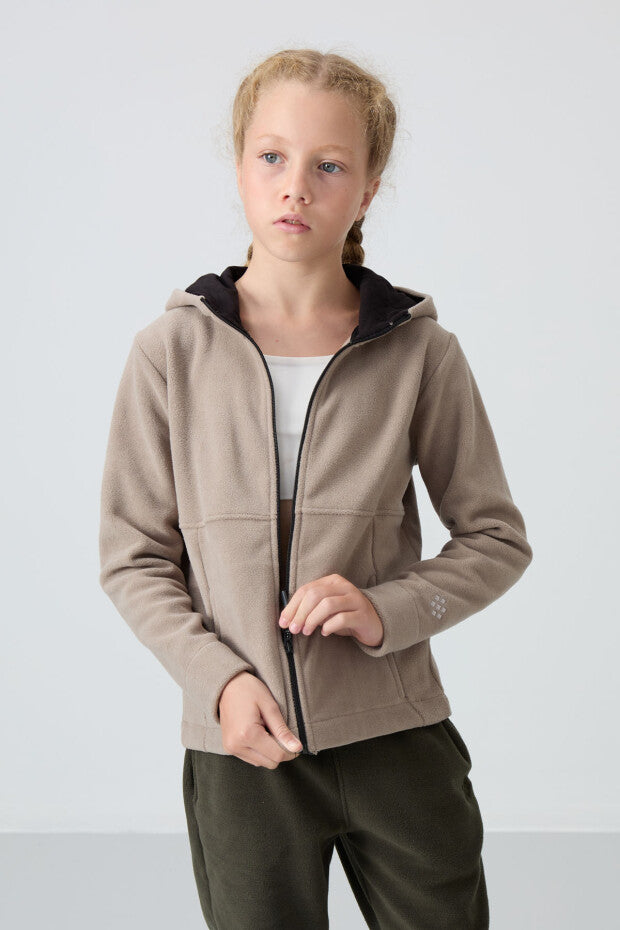 Koyu Bej Kız Çocuk Kapüşonlu Sweatshirt