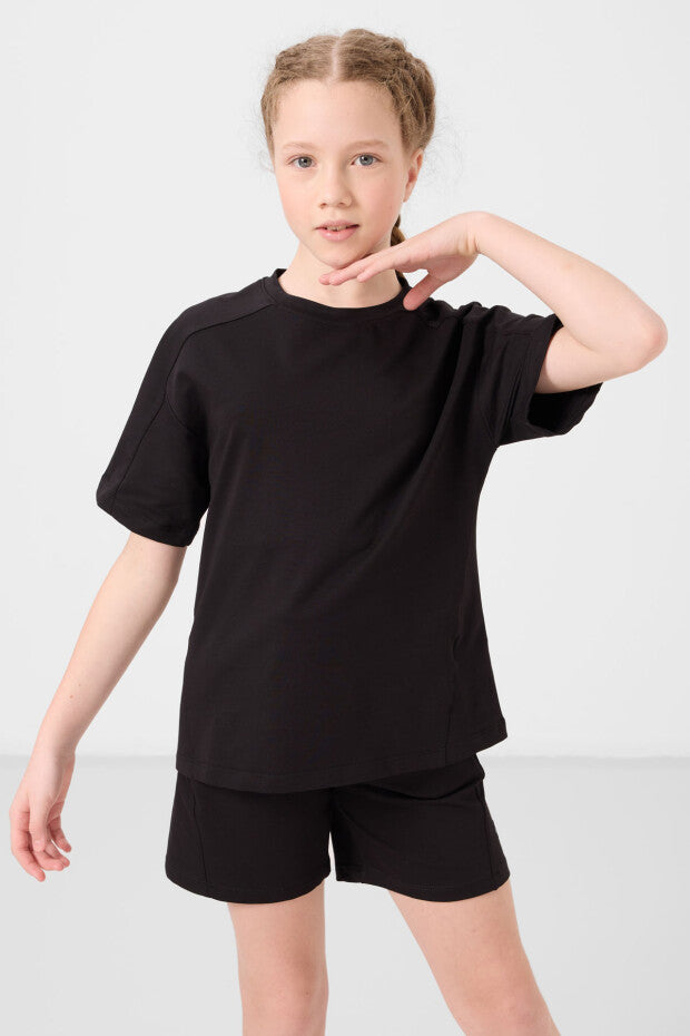 Kız Çocuk Siyah Şortlu Takım - Yazlık Pamuklu İkili Takım