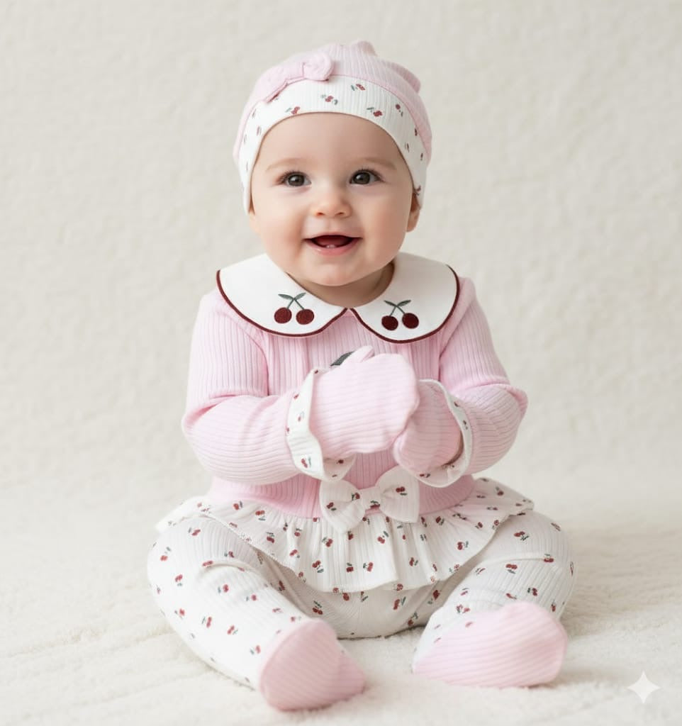 Kız Bebek 0-3 Ay Kirazlı Süzen 5’li Set – %100 Pamuk Yenidoğan Hastane Çıkışı 25233CY