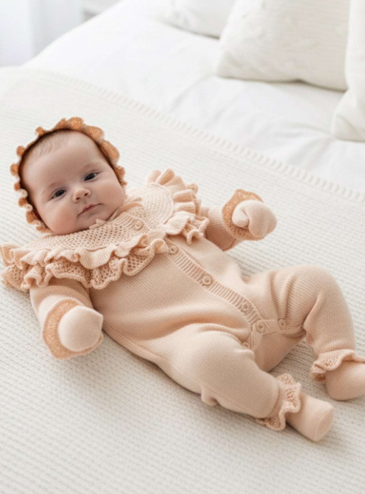 Kız Bebek Yenidoğan 5’li Triko Hastane Çıkışı Seti | Fırfırlı Yakalı | 0-3 Ay | Tulum, Battaniye, Şapka, Çorap, Eldiven 8259