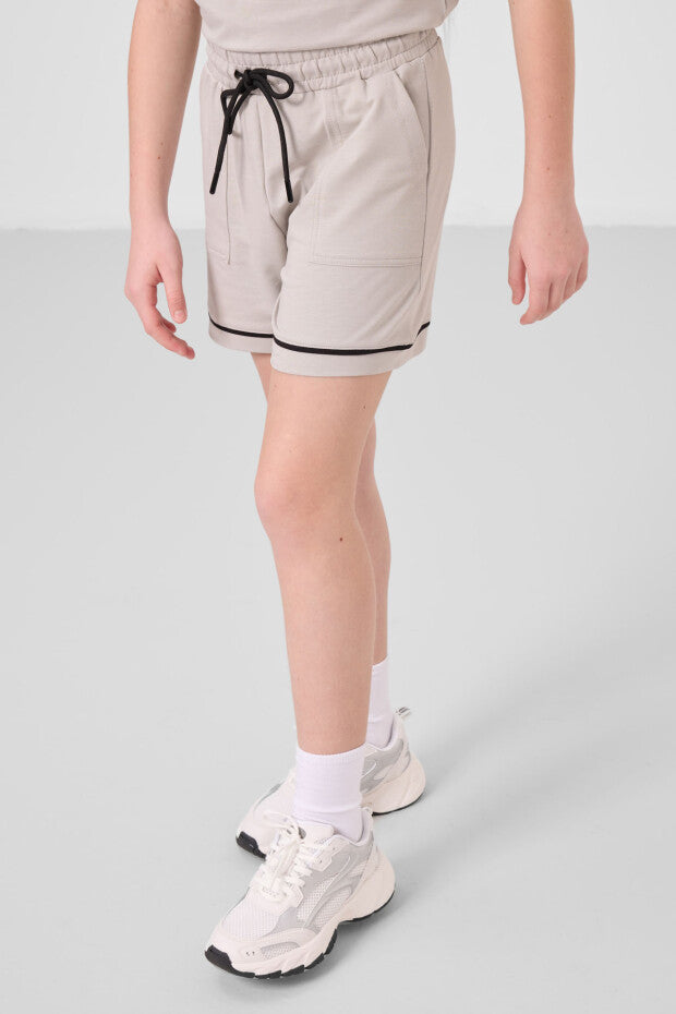 Kız Çocuk Taş Rengi Şortlu Takım – Yazlık %100 Pamuklu İkili Takım (7-15 Yaş)