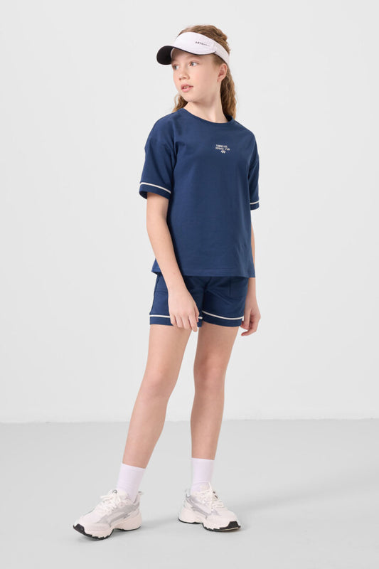 Kız Çocuk Lacivert Şortlu Takım – Yazlık %100 Pamuklu İkili Takım (7-15 Yaş)