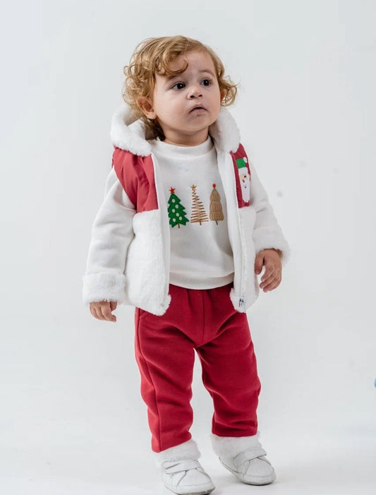 Kız/Erkek Bebek Yılbaşı 3’lü Kışlık Takım – Kapüşonlu Peluş Mont, Sweatshirt & Pantolon | 6-18 Ay