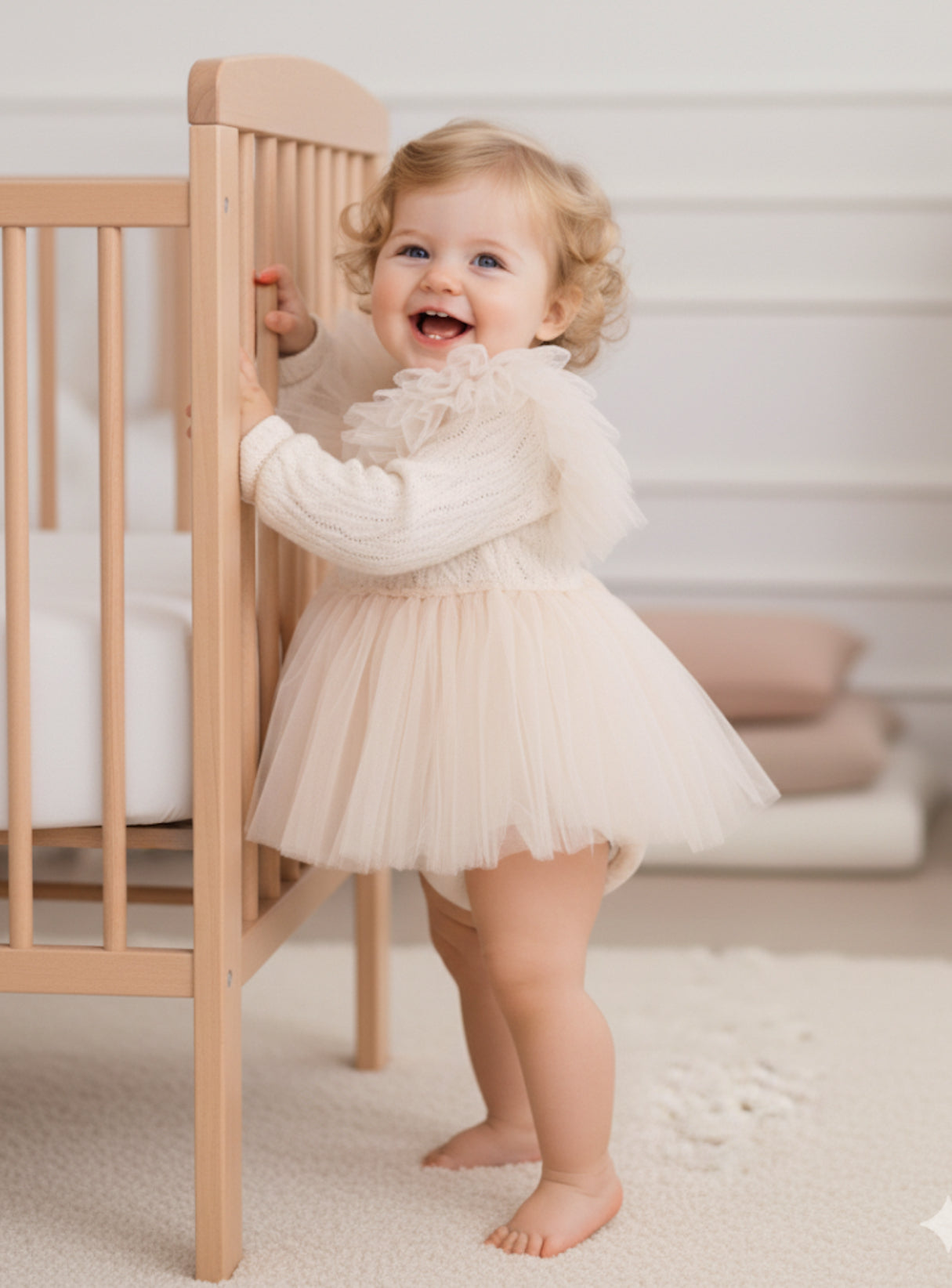 Krem Rengi Triko Tül Detaylı Fiyonk Aksesuarlı Kız Bebek Elbise | Özel Gün ve Doğum Günü Kıyafeti