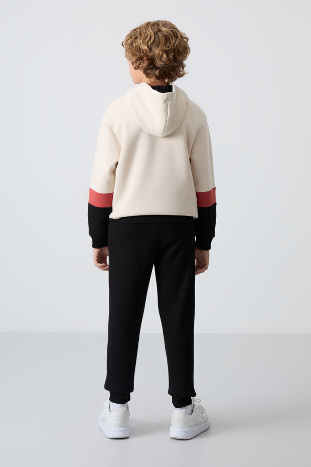 Bej Siyah Kapüşonlu Eşofman Takımı Erkek Çocuk