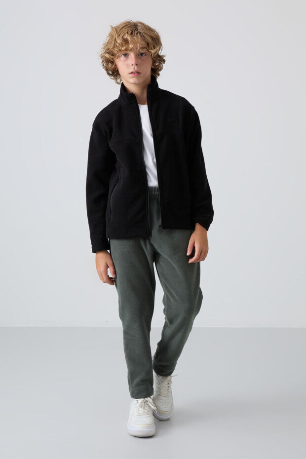 Erkek Çocuk Siyah Dik Yaka Fermuarlı Sweatshirt