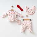 Kız Bebek Kalp Desenli 5’li Set –  Üst, Pantolon, Mama Önlüğü ve Aksesuar 25227CY