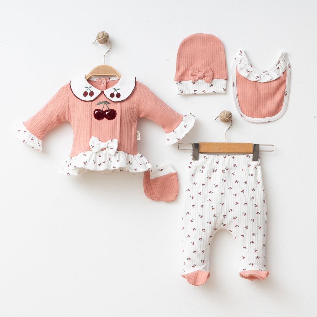 Kız Bebek 0-3 Ay Kirazlı Süzen 5’li Set – %100 Pamuk Yenidoğan Hastane Çıkışı 25233CY