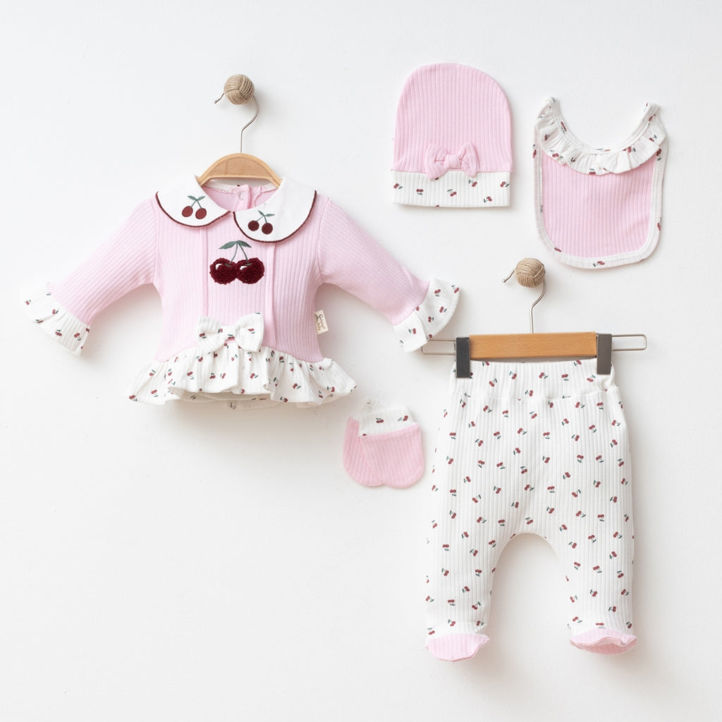 Kız Bebek 0-3 Ay Kirazlı Süzen 5’li Set – %100 Pamuk Yenidoğan Hastane Çıkışı 25233CY