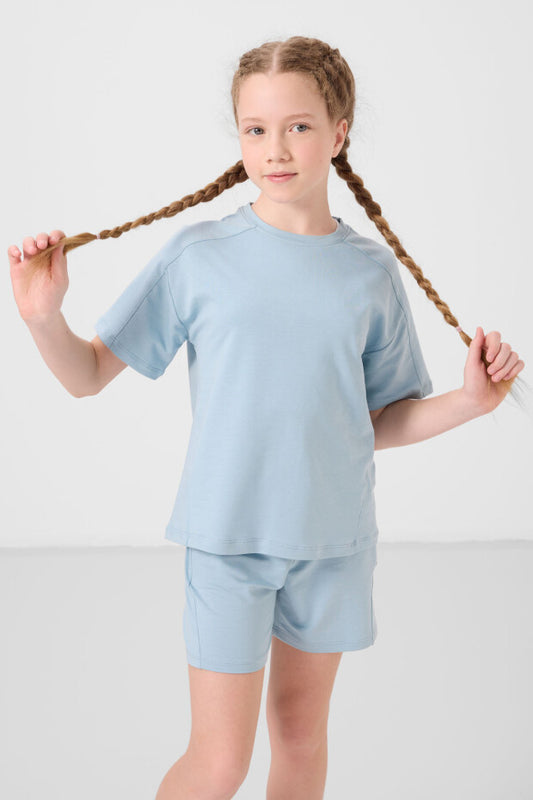 Kız Çocuk Bebek Mavisi Şortlu Takım – Yazlık %100 Pamuk İkili Takım (7-15 Yaş)
