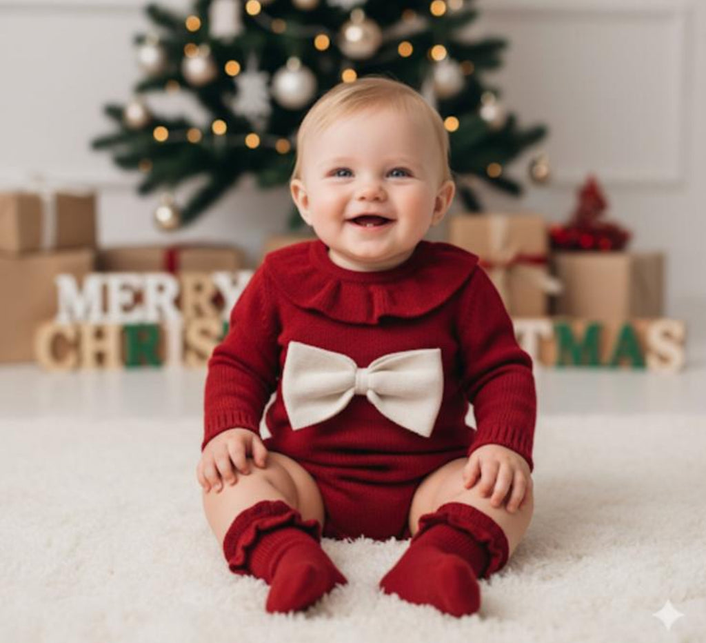 %100 Pamuk Kırmızı Triko Kurdele Detaylı Bebek Romper & Çorap Seti | Yılbaşı Kıyafeti