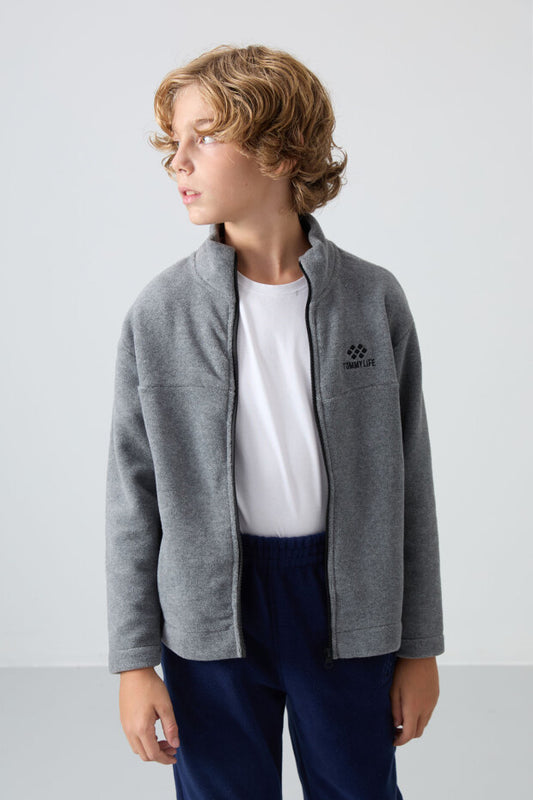 Gri Dik Yaka Erkek Çocuk Polar Sweatshirt