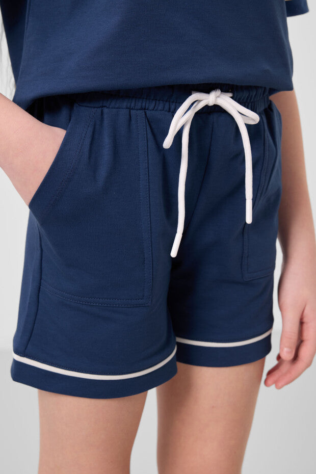 Kız Çocuk Lacivert Şortlu Takım – Yazlık %100 Pamuklu İkili Takım (7-15 Yaş)