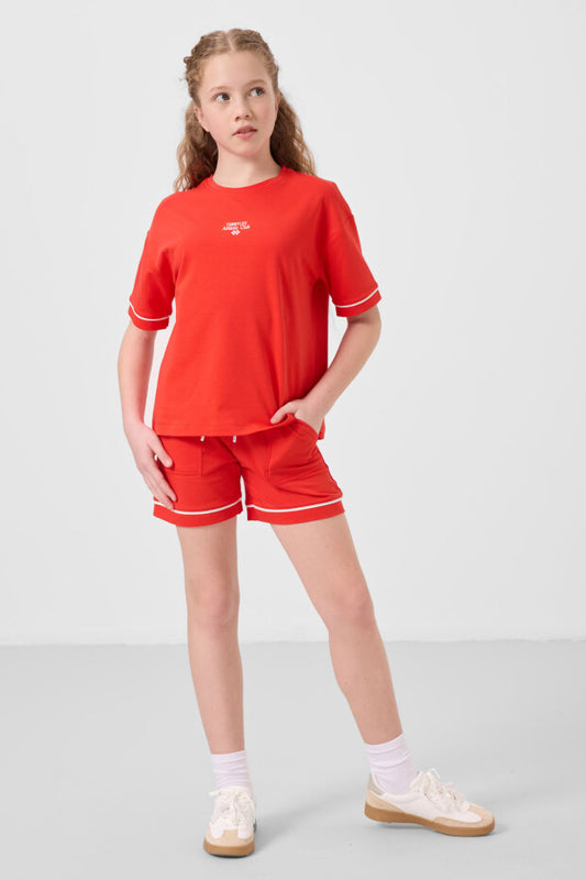 Kız Çocuk Nar Çiçeği Renkli Şortlu Takım – Yazlık Pamuklu İkili Kombin (7-15 Yaş)