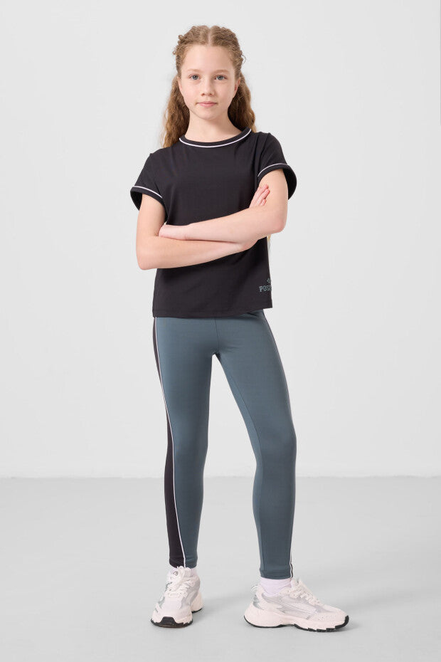 Kız Çocuk Siyah Spor Tshirt Yeşil Şeritli Tayt Takım