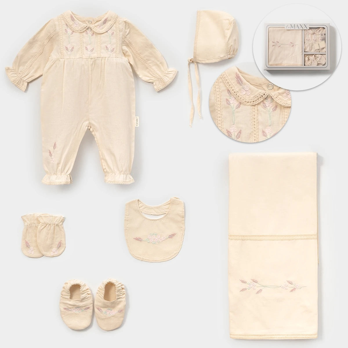 KIZ 0-3 AY ÇİÇEK NAKIŞLI KUTULU 6LI SET