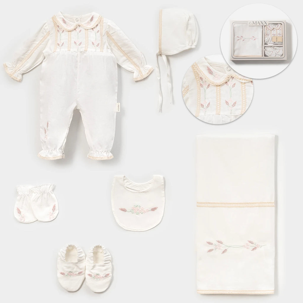 KIZ 0-3 AY ÇİÇEK NAKIŞLI KUTULU 6LI SET