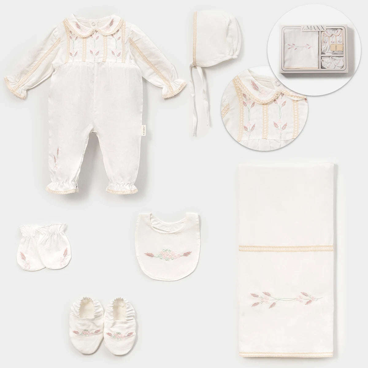 KIZ 0-3 AY ÇİÇEK NAKIŞLI KUTULU 6LI SET