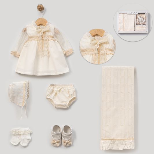 Kız Bebek 0-3 Ay Kişiselleştirilebilir Dantelli Elbiseli 6’lı Set 583094LV