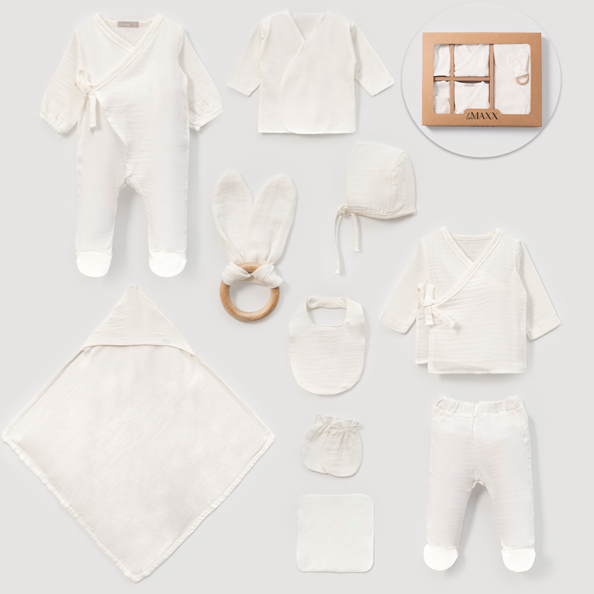 Yeni Doğan Müslin 10’lu Hastane Çıkış Seti – %100 Pamuk, Yumuşak Muslin Kumaş 60003LV