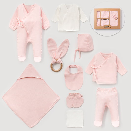 Yeni Doğan Müslin 10’lu Hastane Çıkış Seti – %100 Pamuk, Yumuşak Muslin Kumaş 60003LV