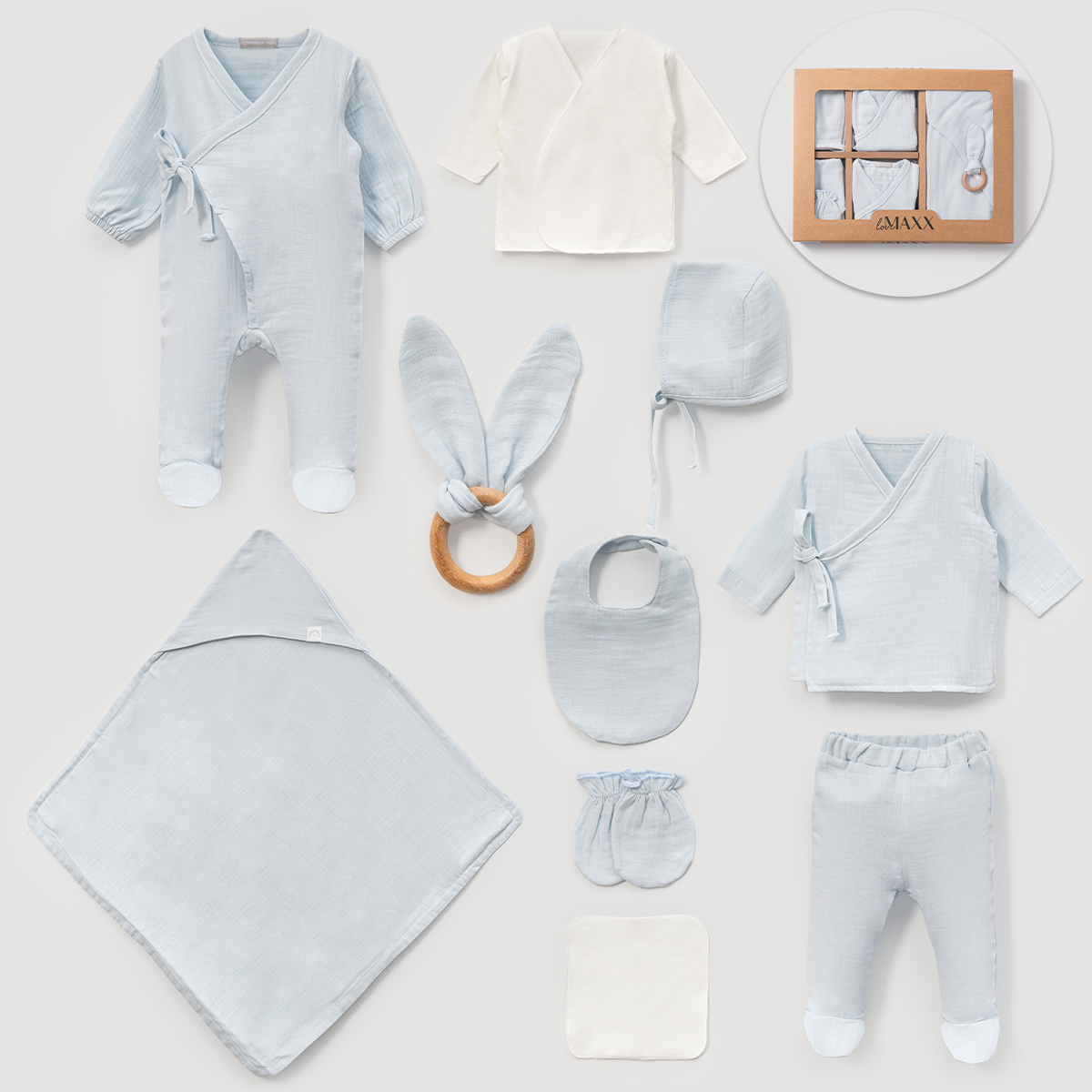 Yeni Doğan Müslin 10’lu Hastane Çıkış Seti – %100 Pamuk, Yumuşak Muslin Kumaş 60003LV