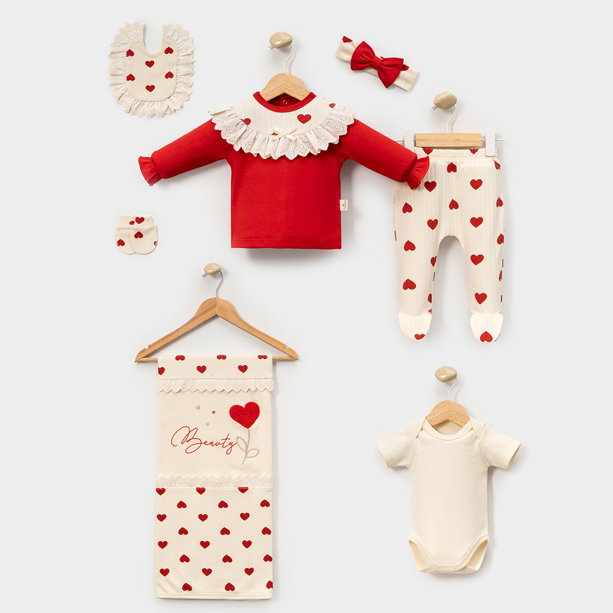 Kız Bebek 0-3 Ay Kişiselleştirilebilir Kalpli 7’li Set – Hastane Çıkışı Hediye Seti 3033MC