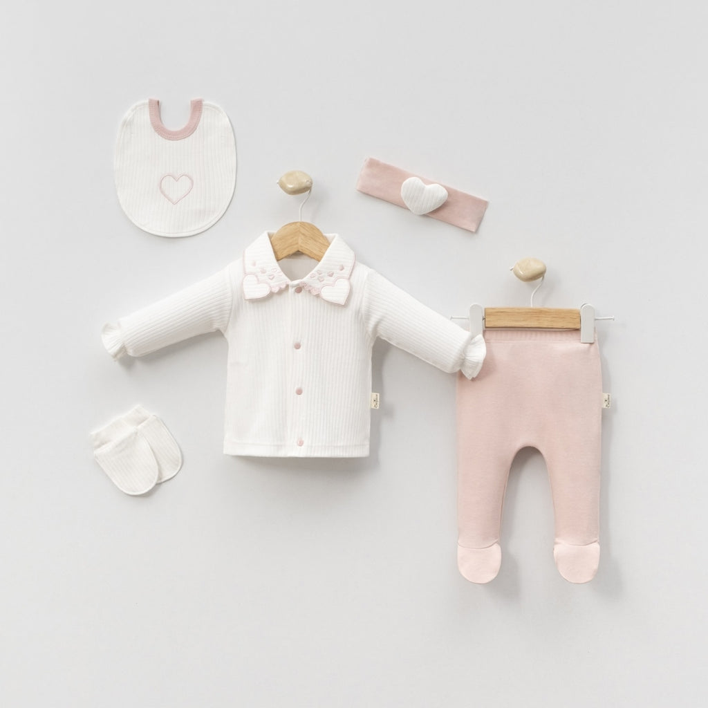 Kız Bebek 0-3 Ay Yakası Kalpli 5’li Hastane Çıkış Seti 2096MC
