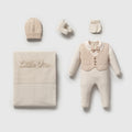 Kişiselleştirilebilir Erkek Bebek 5 Parça Triko Hastane Çıkış Seti – Bej & Krem | 0–3 Ay 8394N