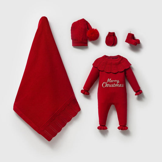 Kişiselleştirilebilir Kız Bebek Noel 5’li Set – Kırmızı Triko Tulum, Battaniye, Şapka 8396N