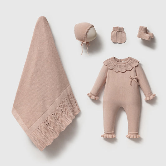 Kişiselleştirilebilir 5 Parça Triko Yenidoğan Kız Bebek Hastane Çıkış Seti – Pembe | Battaniyeli, İsme Özel Set 8385N