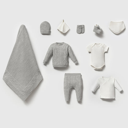 Unisex Gri Triko 10’lu Yenidoğan Seti – Kişiselleştirilebilir Hastane Çıkışı ve Hediye Seti 8369