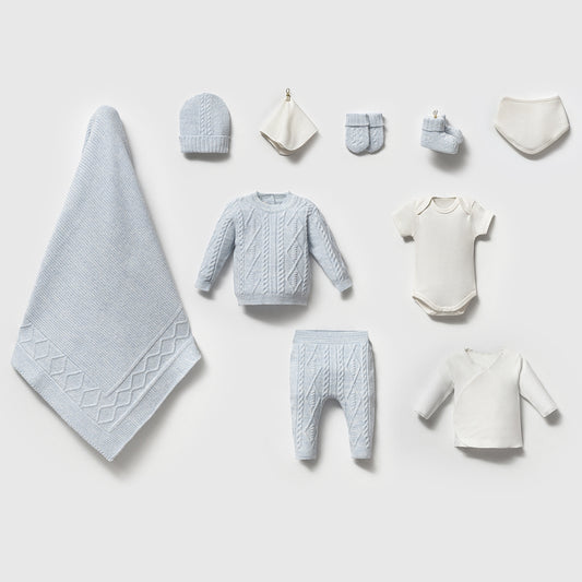 Unisex Mavi Triko 10’lu Yenidoğan Seti – Kişiselleştirilebilir Hastane Çıkışı ve Hediye Seti