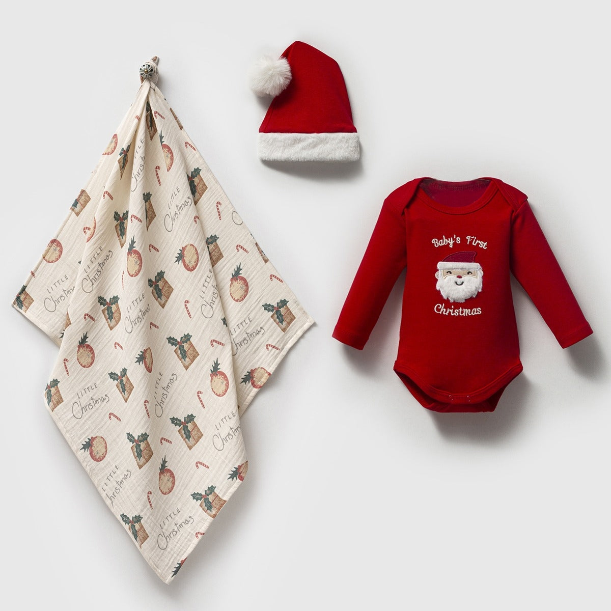 Baby’s First Christmas 3’lü Set – Kırmızı Noel Bebek Body, Şapka ve Müslin Battaniye 8390N