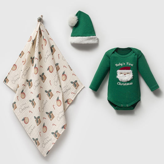 Baby’s First Christmas 3’lü Set – Yeşil Noel Bebek Body, Şapka ve Müslin Battaniye