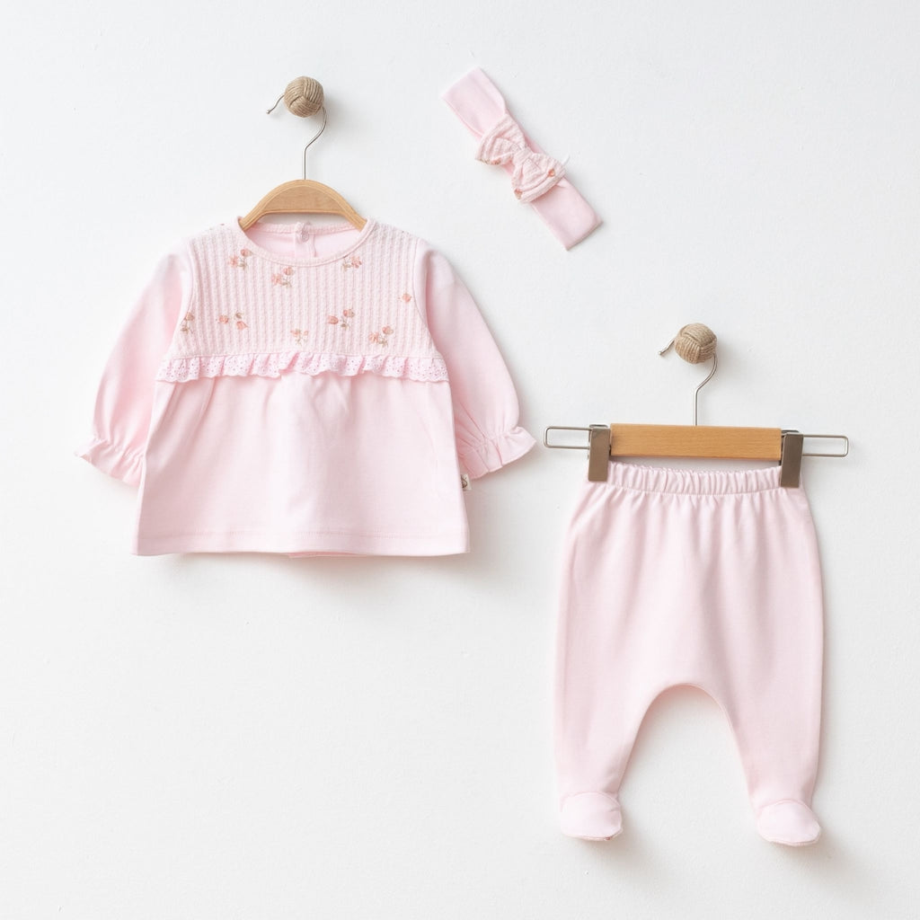 Kız Bebek Çiçekli Jakarlı 3’lü Set – 3/6/9 Ay 00110B