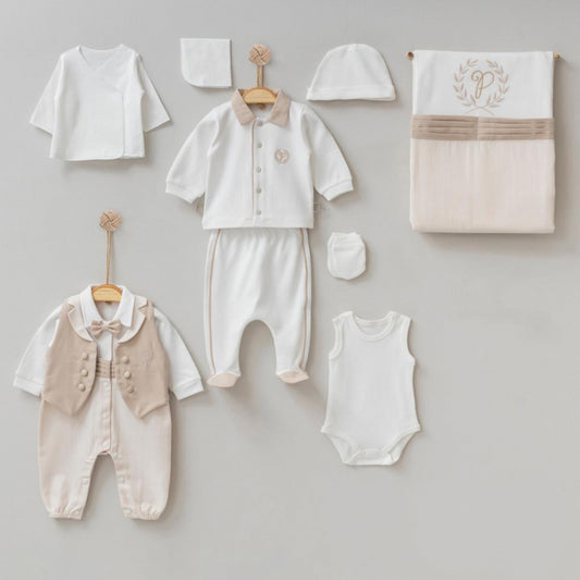 Yenidoğan 10 Parça Erkek Bebek Hastane Çıkış Seti – Bej & Beyaz | Şık Takım, Battaniyeli Set 6081PG