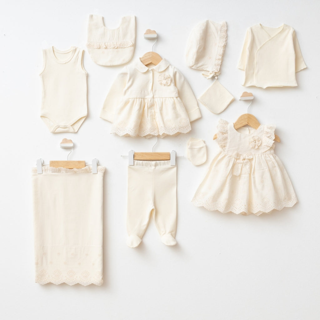 Kişiselleştirilebilir Kız Bebek 0-3 Ay İncili Dokuma 10’lu Hastane Çıkış Seti