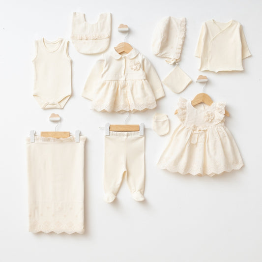 Kişiselleştirilebilir Kız Bebek 0-3 Ay İncili Dokuma 10’lu Hastane Çıkış Seti