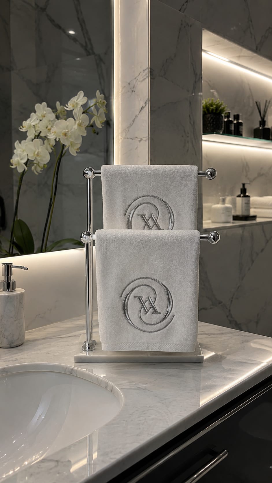 V Logolu 2'li  Gümüş Dekoratif Banyo Havlusu | Şık Nakışlı Havlu 30x50
