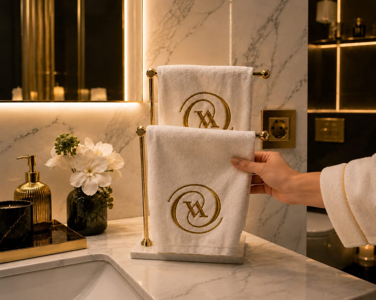 Gold V Logolu Havlu | Şık Nakışlı Dekoratif Banyo ve Misafir Havlusu 2 Adet
