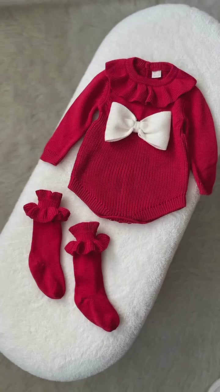 %100 Pamuk Kırmızı Triko Kurdele Detaylı Bebek Romper & Çorap Seti | Yılbaşı Kıyafeti