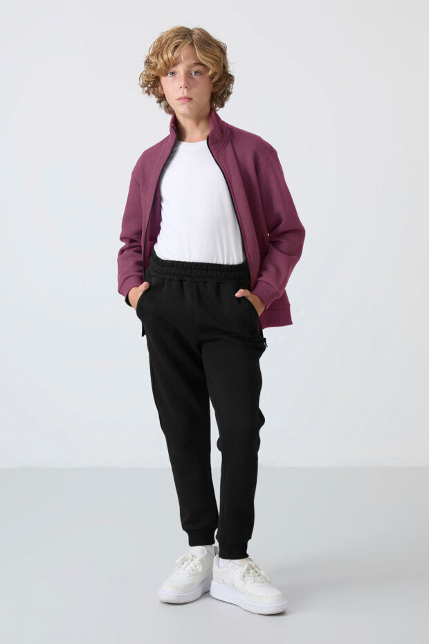 Erkek Çocuk Soft Vişne – Siyah Eşofman Takımı | Fermuarlı Ceket ve Jogger Alt