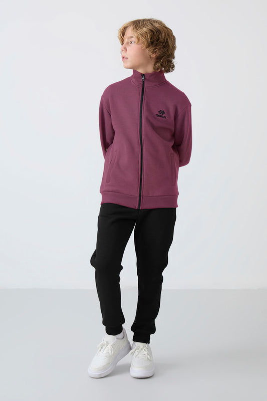 Erkek Çocuk Soft Vişne – Siyah Eşofman Takımı | Fermuarlı Ceket ve Jogger Alt